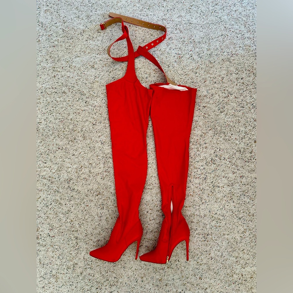 Fire engine red sexy thigh high boots w/belt attachment! Never worn!